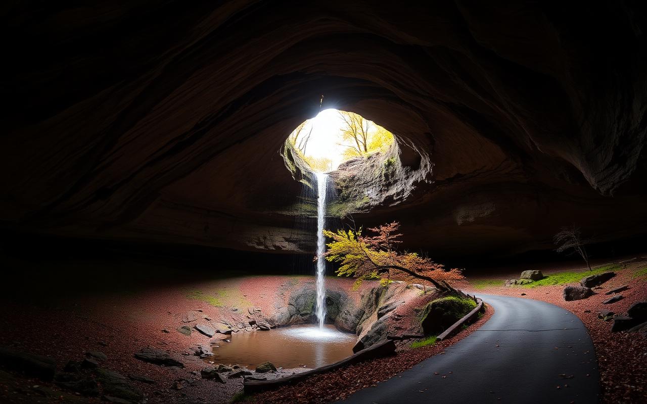 Ash Cave massive sandstone recess with thin waterfall