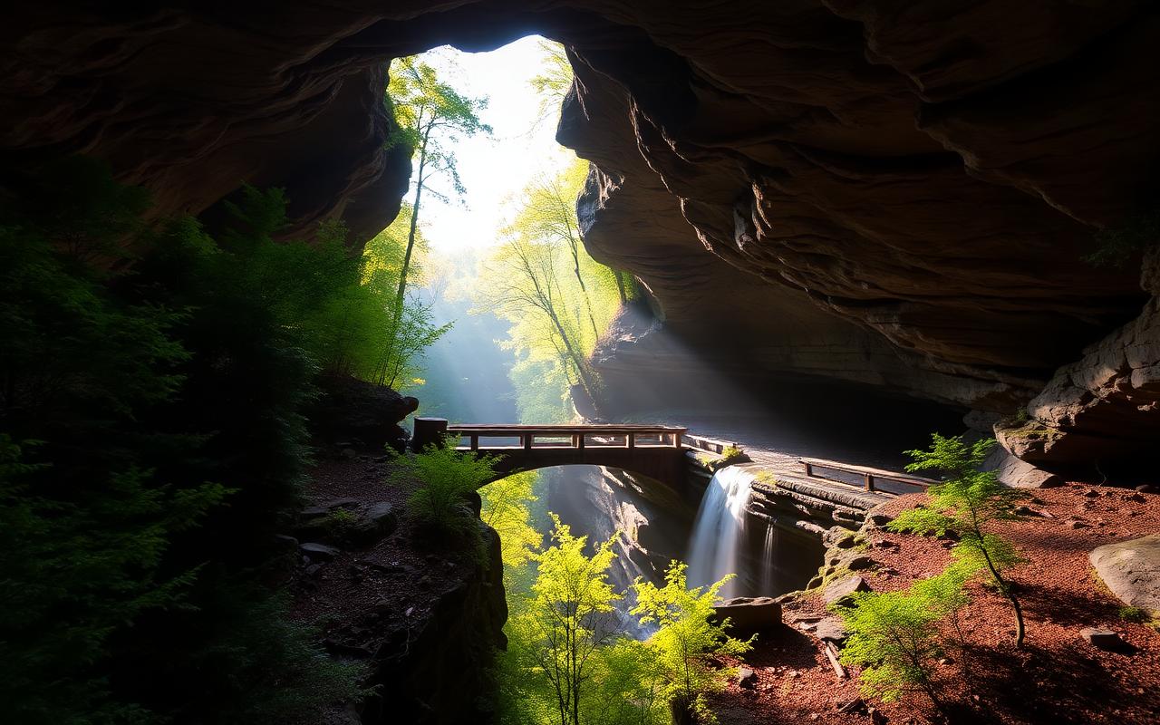 Old Man's Cave gorge with stone bridge and waterfall